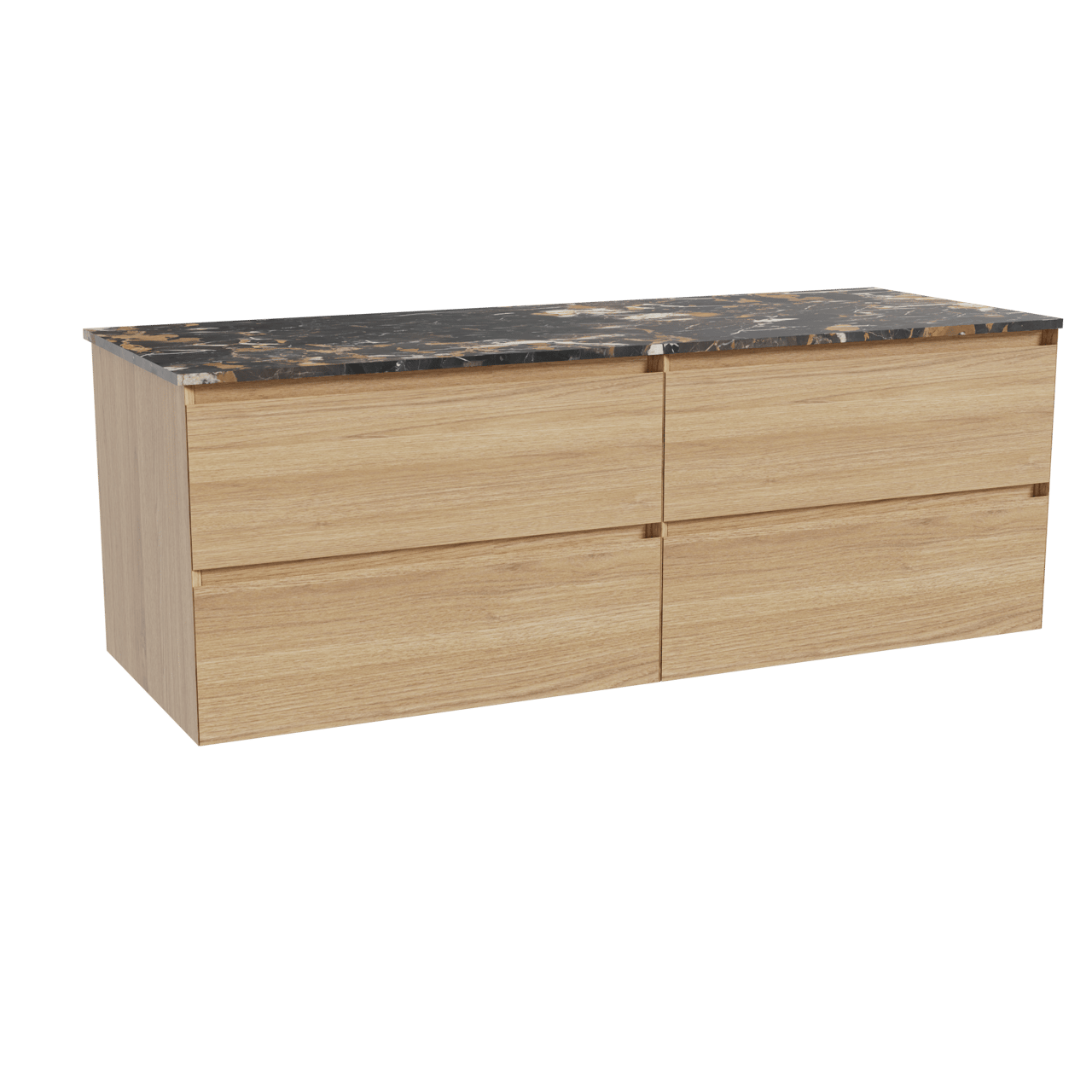 Balmani Mitra hängendes Möbelstück Set: 150 x 55 cm, Naturbelassene Eiche, mit Stretto Einzel- oder Doppel Waschtischplatte, Marmor Portoro Gold