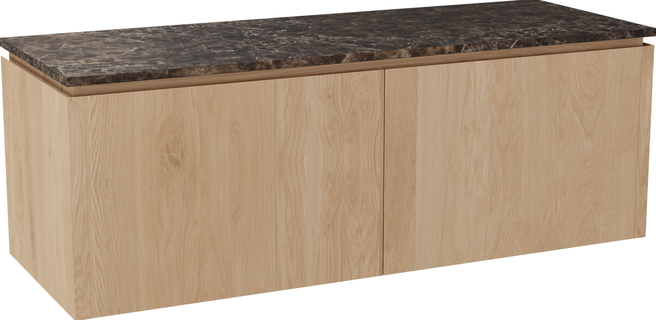 Balmani Eclips hängendes Möbelstück Set: 150 x 55 cm, Eiche Natur, mit Stretto Einzel- oder Doppel Waschtischplatte Marmor Dark Emperador