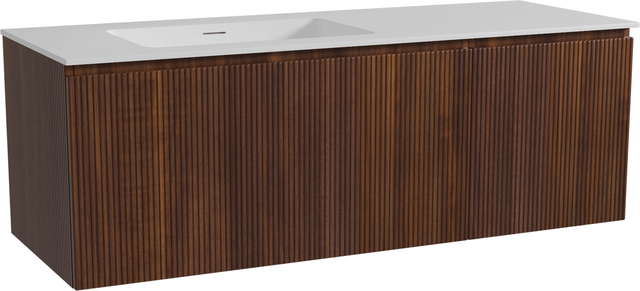 Storke Ribs zwevend badmeubel 140 x 52 cm notenhout met Mata asymmetrisch linkse wastafel in solid surface mat wit, Verticale symmetrische rechte ribbel