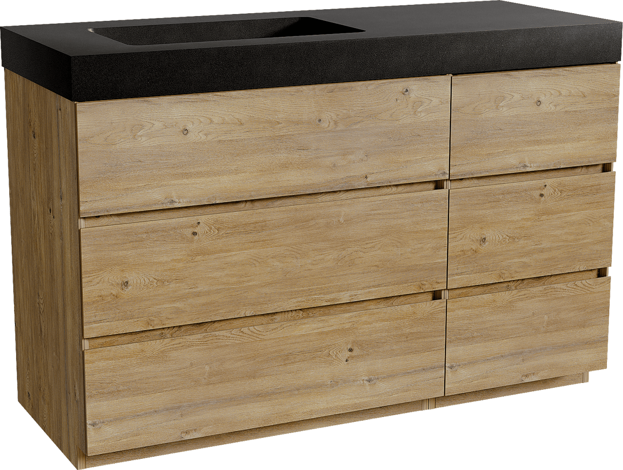 Storke Edge staand badmeubel 130 x 52 cm ruw eiken met Scuro High asymmetrisch linkse wastafel in kwarts mat zwart