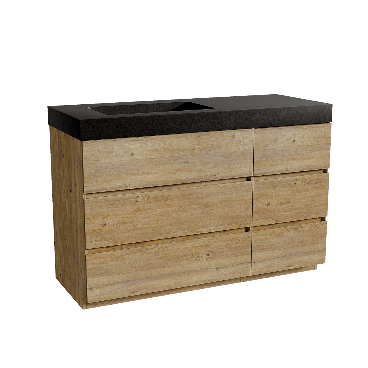 Storke Edge freistehendes Möbelstück Set: 130 x 52 cm, Rohe Eiche, mit Scuro High Waschtisch links, Quarz Schwarz matt