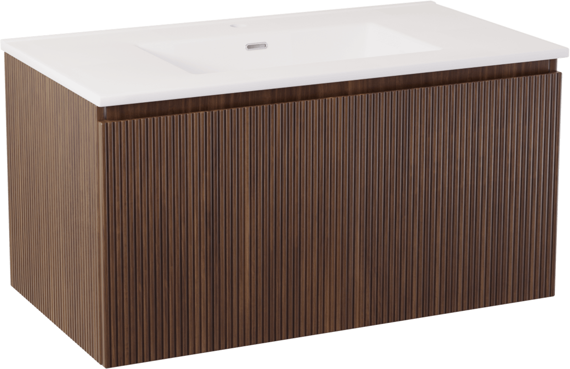 Storke Ribs zwevend badkamermeubel 95 x 52 cm notelaar met Kera enkele wastafel in porselein mat wit, inclusief crepine