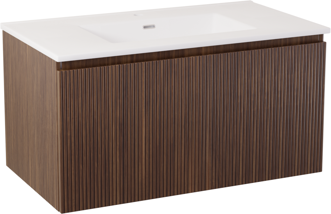 Storke Ribs hängendes Möbelstück Set: 95 x 52 cm, Nussbaum, mit Kera Einzelwaschtisch, Keramik Weiß matt, inklusive Ablaufventil