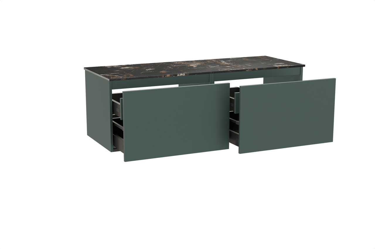 Balmani Sfera hängendes Möbelstück Set: 150 x 55 cm, Forest, mit Stretto Einzel- oder Doppel Waschtischplatte, Marmor Portoro Gold