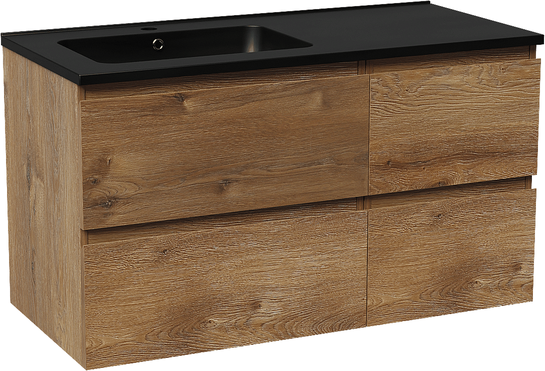 Linie Lado hängendes Möbelstück Set: 100 x 46 cm, Braune Eiche, mit Vano Waschtisch links, Marmorkomposit Schwarz matt