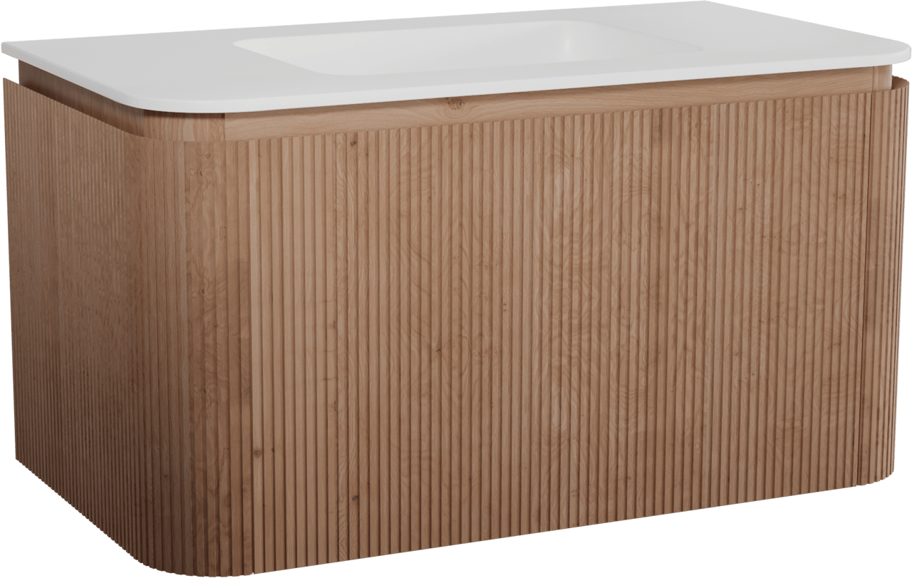 Balmani Moon zwevend badmeubel 100 x 55 cm naturel eiken met Moon enkele wastafel in solid surface mat wit, Verticale symmetrische rechte ribbel
