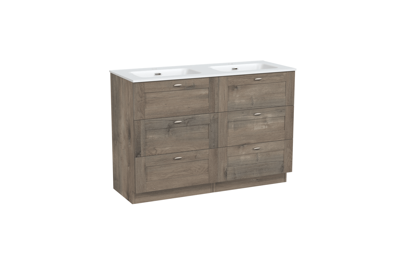 Linie Classo freistehendes Möbelstück Set: 120 x 46 cm, Graue Eiche, mit Baro Doppelwaschtisch, Porzellan Weiß matt