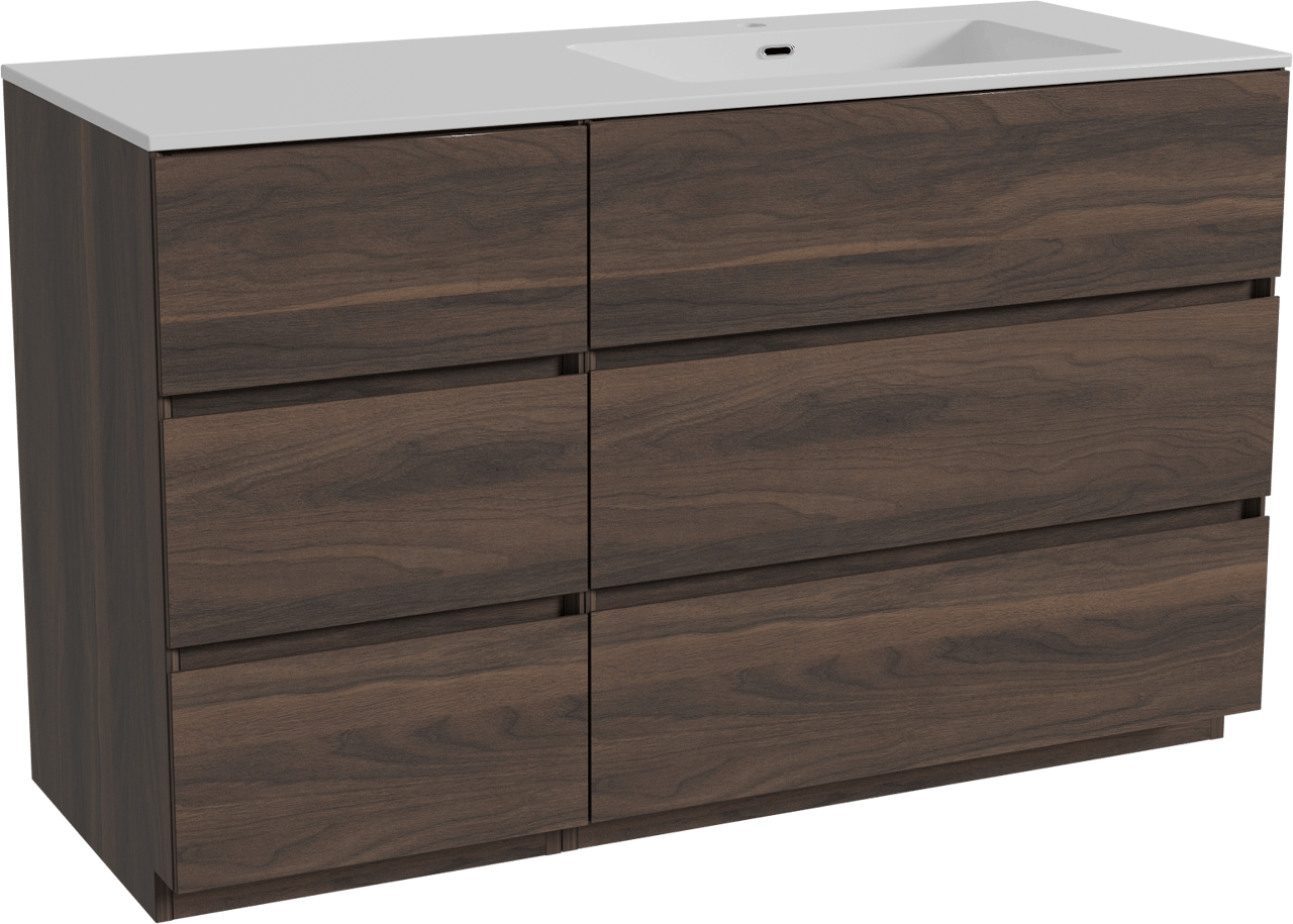 Storke Edge staand badkamermeubel 130 x 52 cm notelaar met Diva asymmetrisch rechtse wastafel in composietmarmer glanzend wit