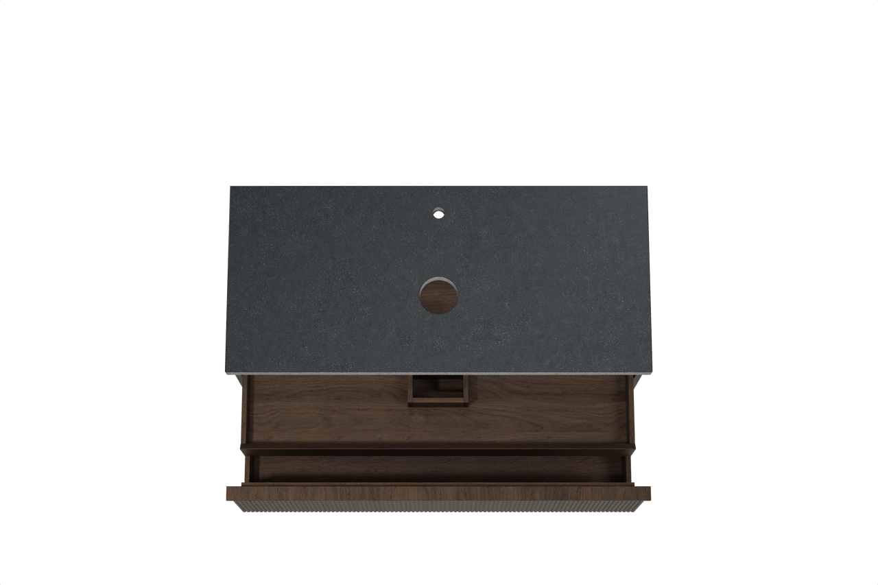 Balmani Forma hängendes Möbelstück Set: 120 x 55 cm, Geräucherte Eiche, mit Rock Einzel Waschtischplatte, Granit, Schwarzes Granit, Vertikale symmetrische gerade Rippe