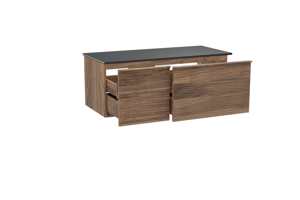 Balmani Forma hängendes Möbelstück Set: 120 x 55 cm, Amerikanischer Nussbaum, mit Stretto Einzel Waschtischplatte, Granit, Schwarzes Granit, Horizontale symmetrische gerade Rippe