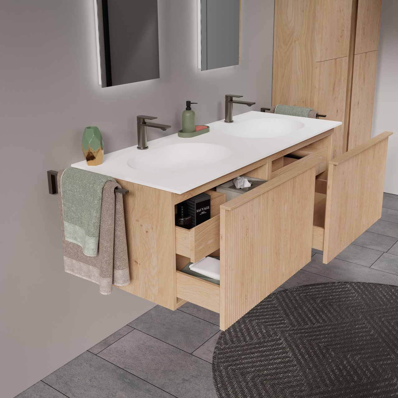 Balmani Forma hängendes Möbelstück Set: 135 x 55 cm, Naturbelassene Eiche, mit Tablo Oval Doppelwaschtisch, Solid Surface, Weiß matt, Vertikale symmetrische gerade Rippe