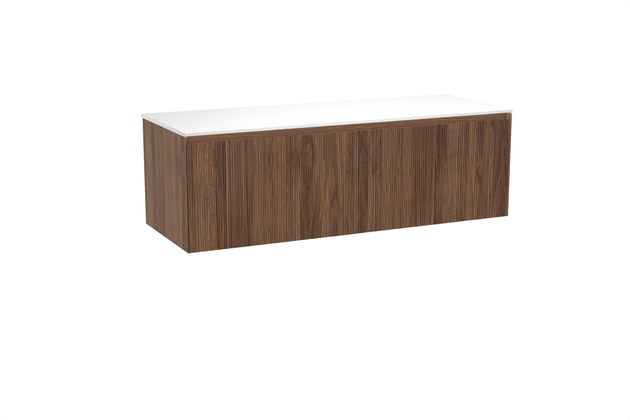 Balmani Fila meuble salle de bains suspendu 150 x 55 cm noyer avec Stretto tablette simple ou double en solid surface blanc mat, Nervure droite symétrique verticale