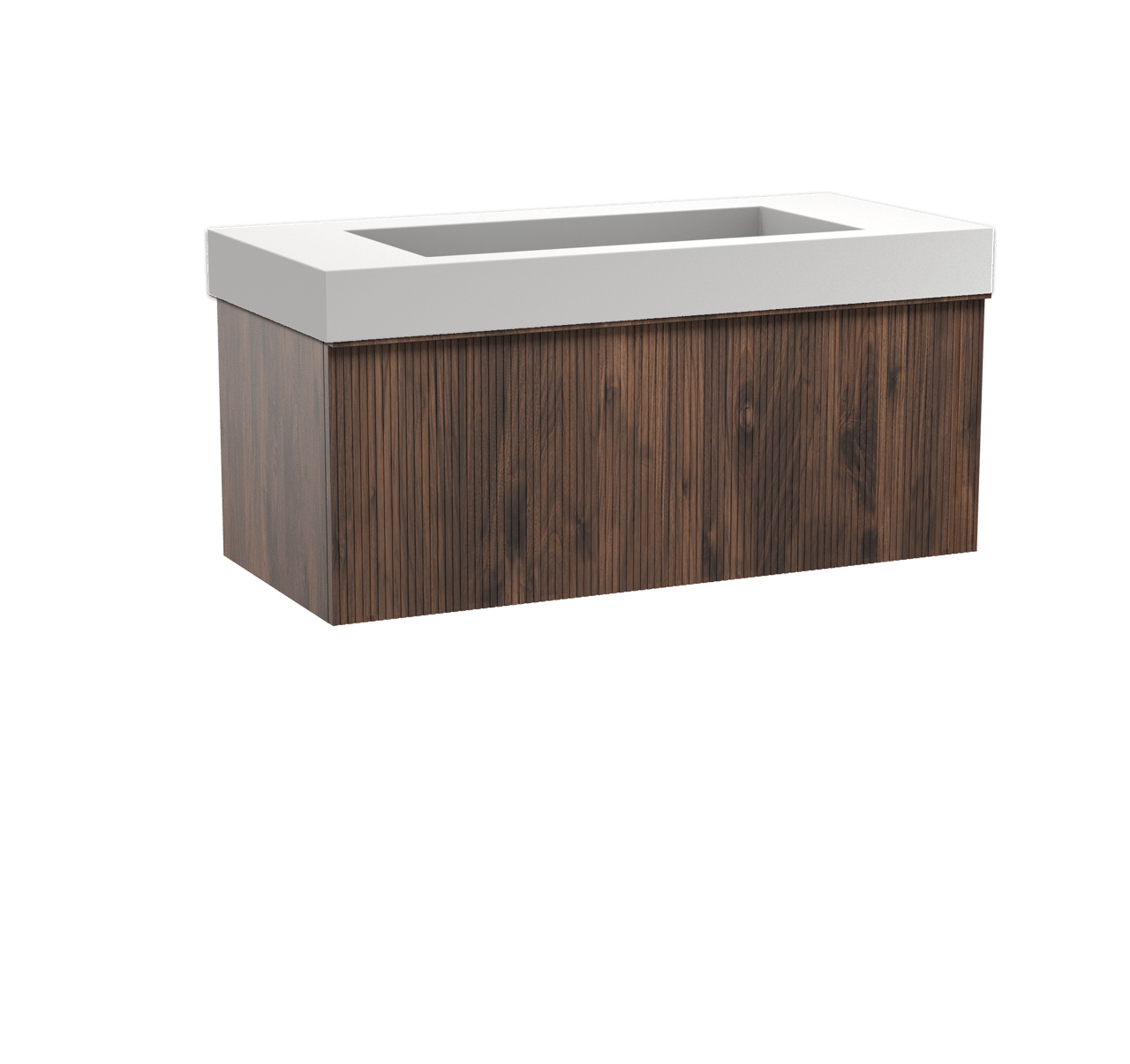 Balmani Forma hängendes Möbelstück Set: 120 x 55 cm, Amerikanischer Nussbaum, mit Modus Einzelwaschtisch für 2 Armaturenlöcher, Solid Surface, Weiß matt, Vertikale symmetrische gerade Rippe