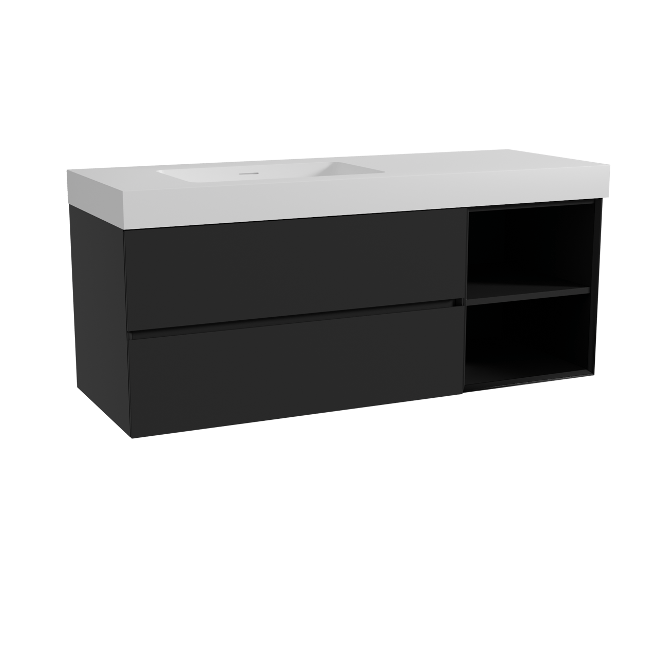 Storke Edge hängendes Möbelstück Set: 140 x 52 cm, Schwarz matt, mit Mata High Waschtisch links, Solid Surface Weiß matt