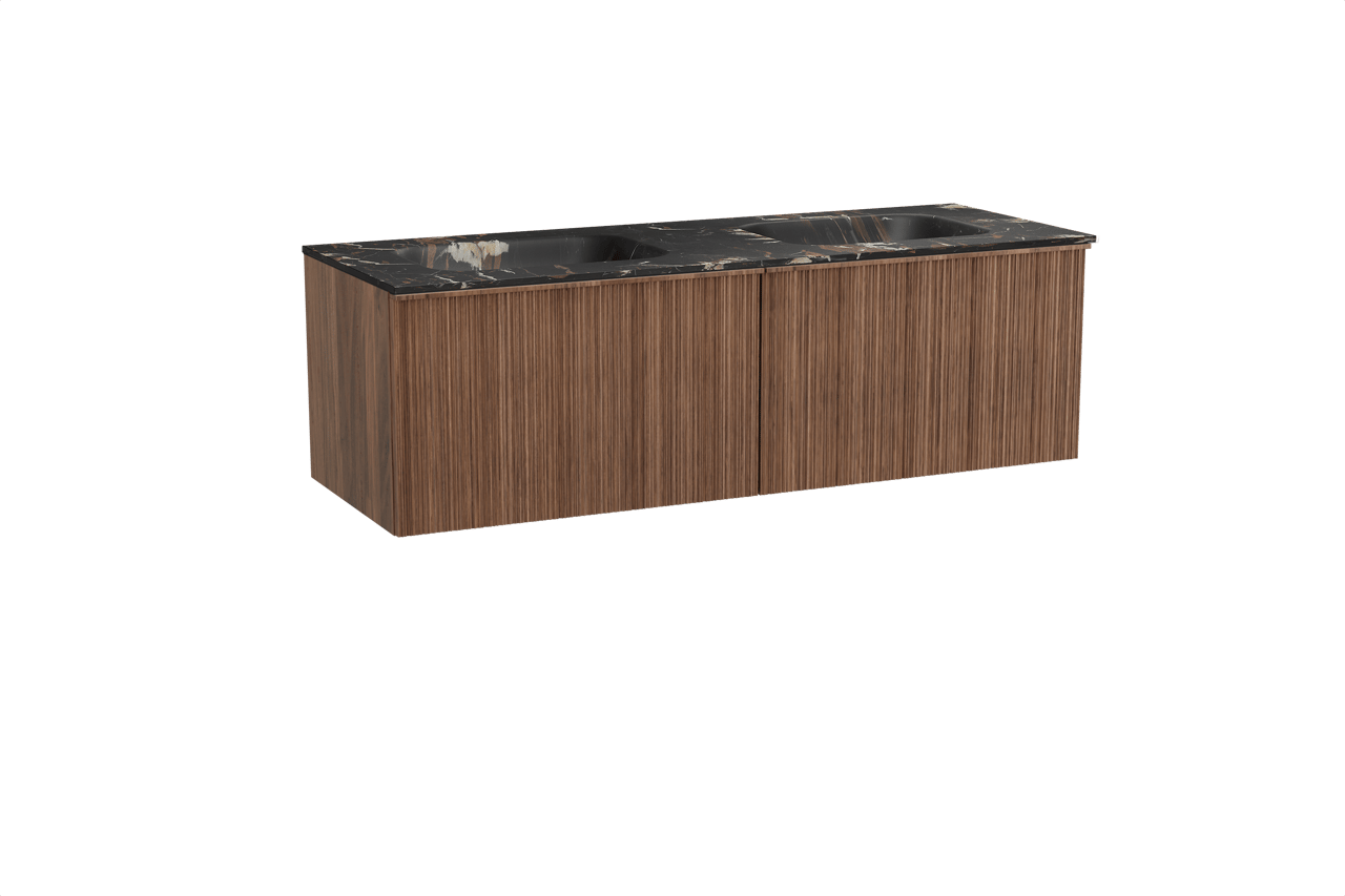 Balmani Forma hängendes Möbelstück Set: 150 x 55 cm, Amerikanischer Nussbaum, mit Tablo Arcato Doppelwaschtisch, Marmor, Portoro Gold, Vertikale asymmetrische Runde Rippe