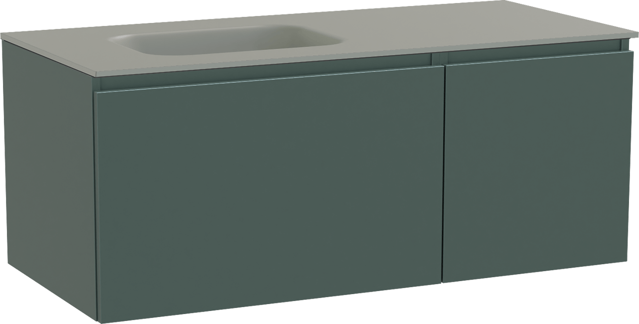 Balmani Sfera meuble salle de bains suspendu 120 x 55 cm forest avec Tablo Arcato vasque asymétrique gauche en solid surface gris pierre