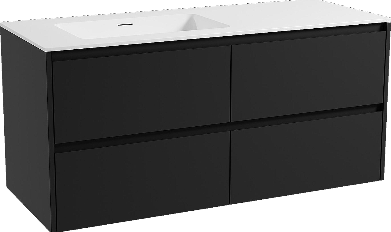 Storke Seda hängendes Möbelstück Set: 130 x 52 cm, Schwarz matt, mit Mata Waschtisch links, Solid Surface Weiß matt