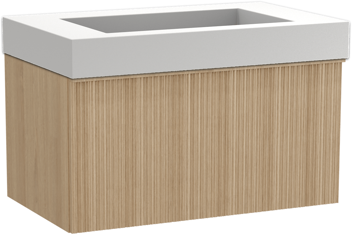 Balmani Forma meuble salle de bains suspendu 90 x 55 cm chêne naturel avec Modus plan simple en solid surface blanc mat, Nervure circulaire asymétrique verticale