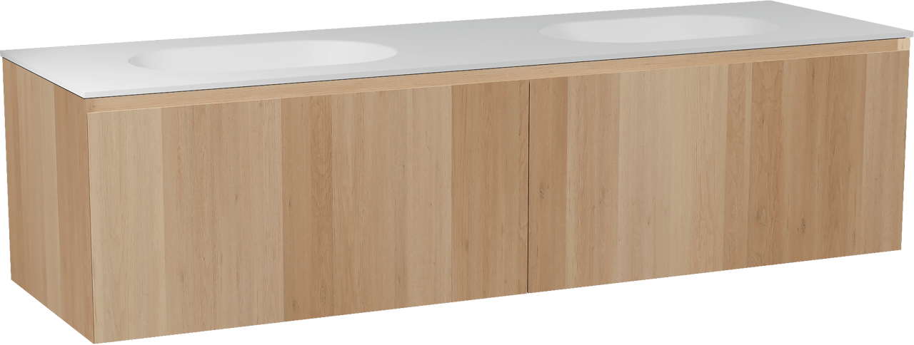 Balmani Idra zwevend badkamermeubel 180 x 55 cm natuur eik met Tablo Oval dubbele wastafel in solid surface mat wit