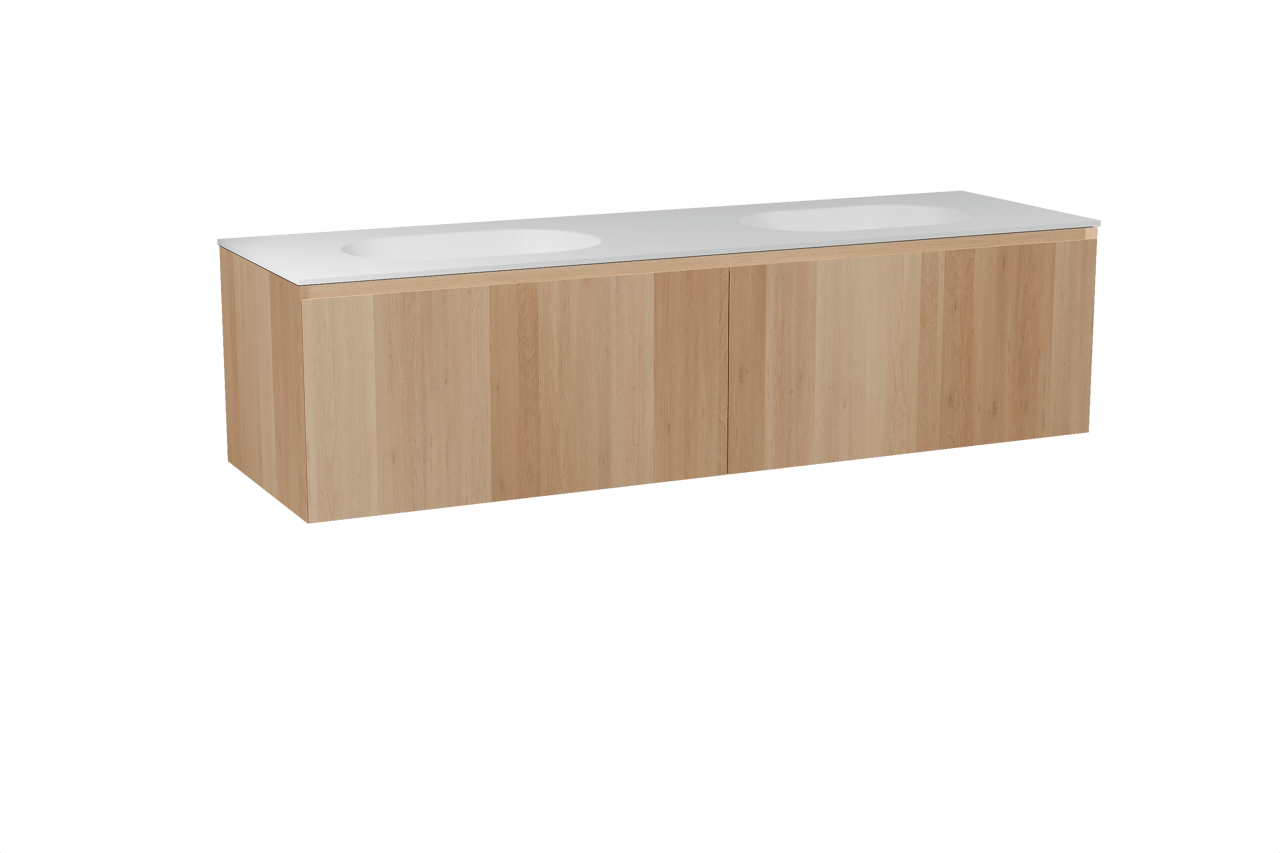 Balmani Idra meuble salle de bains suspendu 180 x 55 cm chêne naturel avec Tablo Oval double vasque en solid surface blanc mat