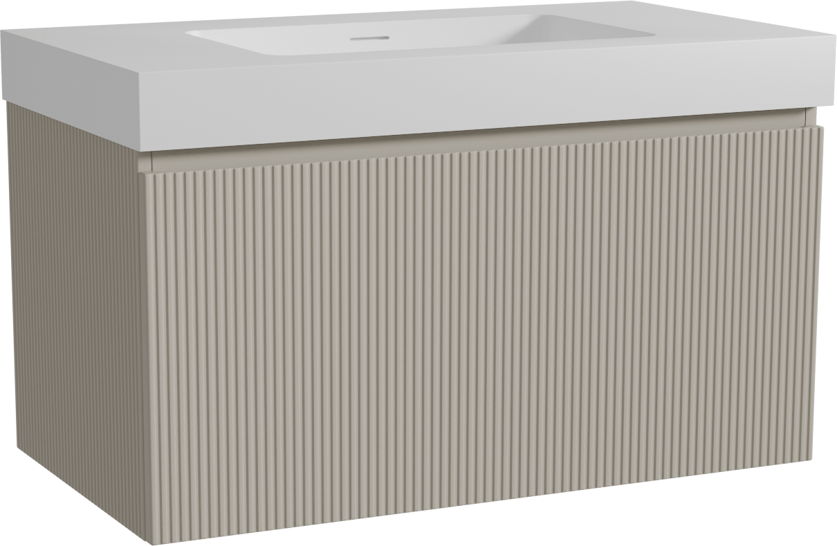 Storke Ribs zwevend badmeubel 95 x 52 cm zijdegrijs met Mata High enkele wastafel in solid surface mat wit, Verticale symmetrische rechte ribbel