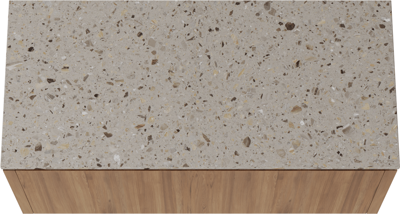 Balmani Eclips hängendes Möbelstück Set: 120 x 55 cm, Teak, mit Stretto Einzel- oder Doppel Waschtischplatte Greige Terrazzo