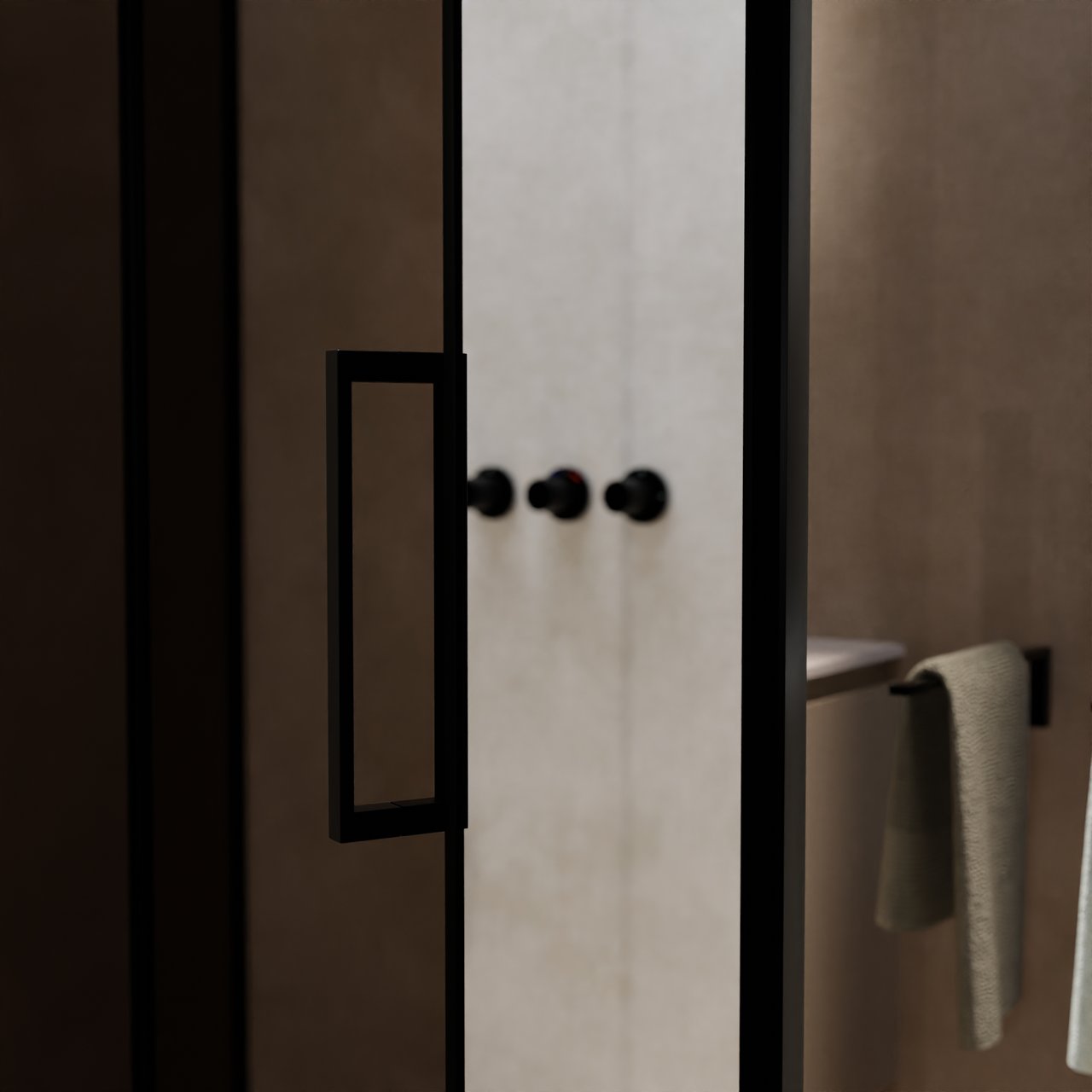 Balmani Senses Design douche en coin avec porte pivotante à gauche et paroi latérale fixe, 140 x 90 cm, Bronze, Profil noir, coating inclus, coating inclus