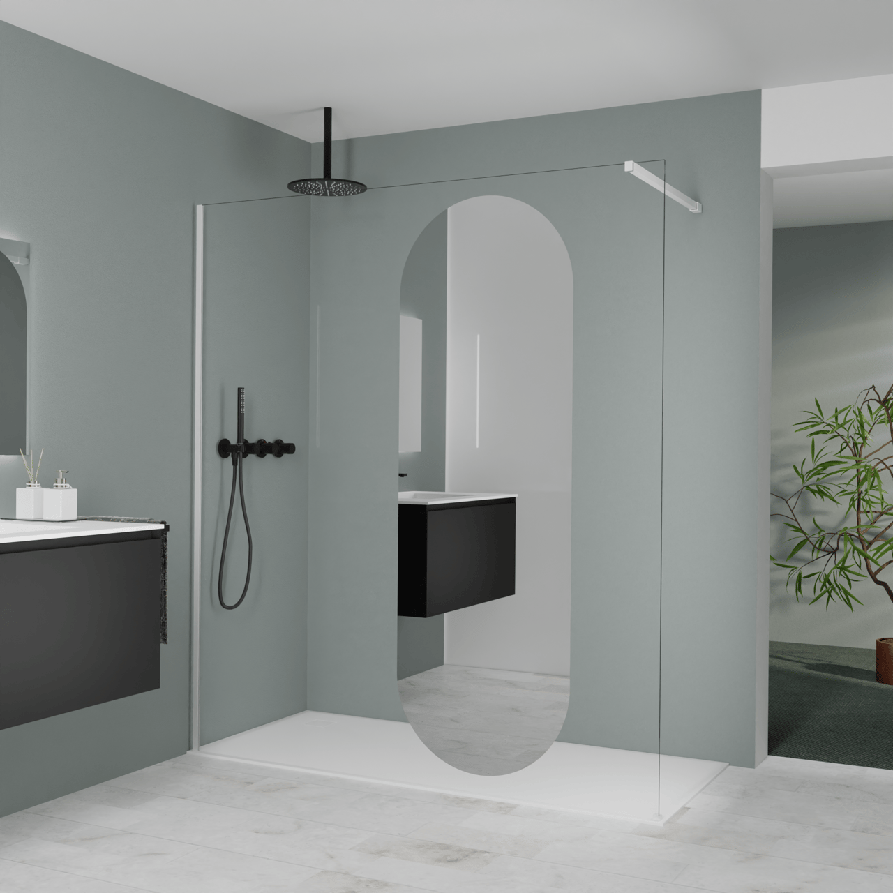 Balmani Modular douche à l'italienne: 180 x 200 cm, Miroir reflex ovale, Profil Blanc mat