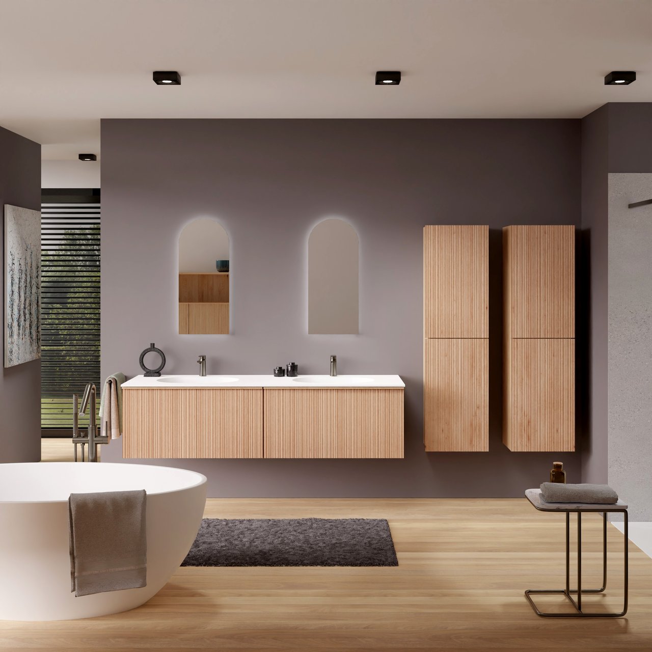 Balmani Forma hängendes Möbelstück Set: 180 x 55 cm, Naturbelassene Eiche, mit Tablo Oval Doppelwaschtisch, Solid Surface, Weiß matt, Vertikale asymmetrische Runde Rippe