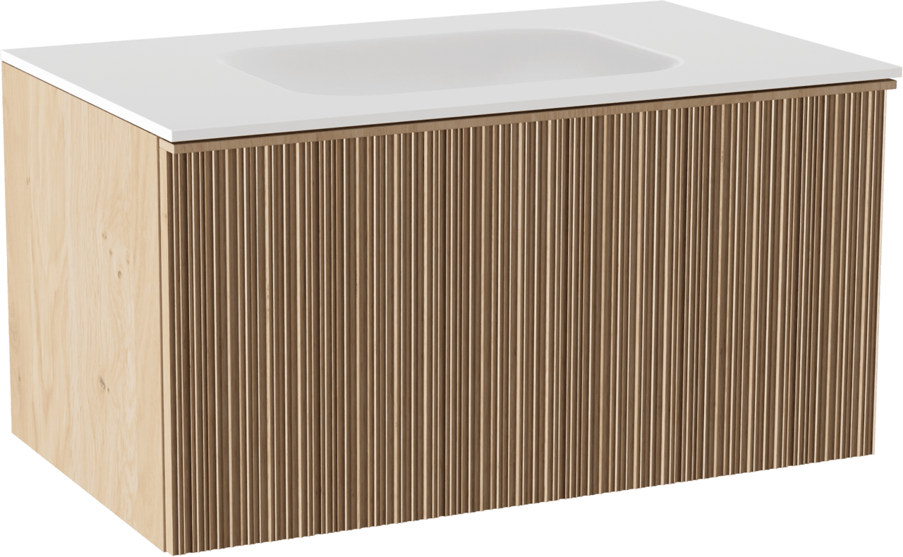 Balmani Forma meuble salle de bains suspendu 90 x 55 cm chêne naturel avec Tablo Arcato plan simple en solid surface blanc mat, Nervure circulaire asymétrique verticale