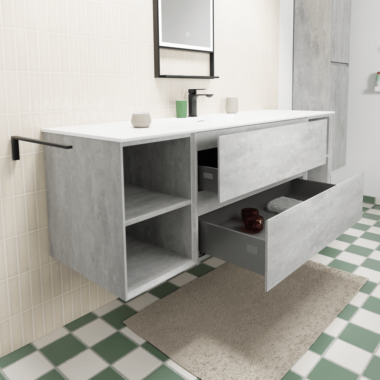 Storke Edge meuble salle de bains suspendu 165 x 52 cm béton gris foncé avec Mata plan simple en solid surface blanc mat