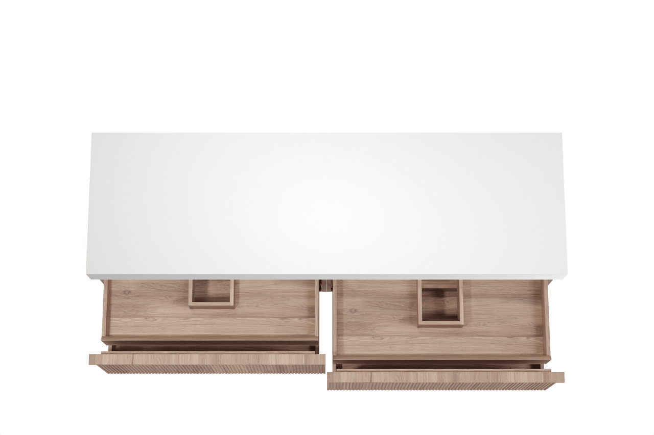 Balmani Forma meuble salle de bains suspendu 180 x 55 cm teck avec Dominus tablette simple ou double en solid surface blanc mat, Nervure droite symétrique verticale