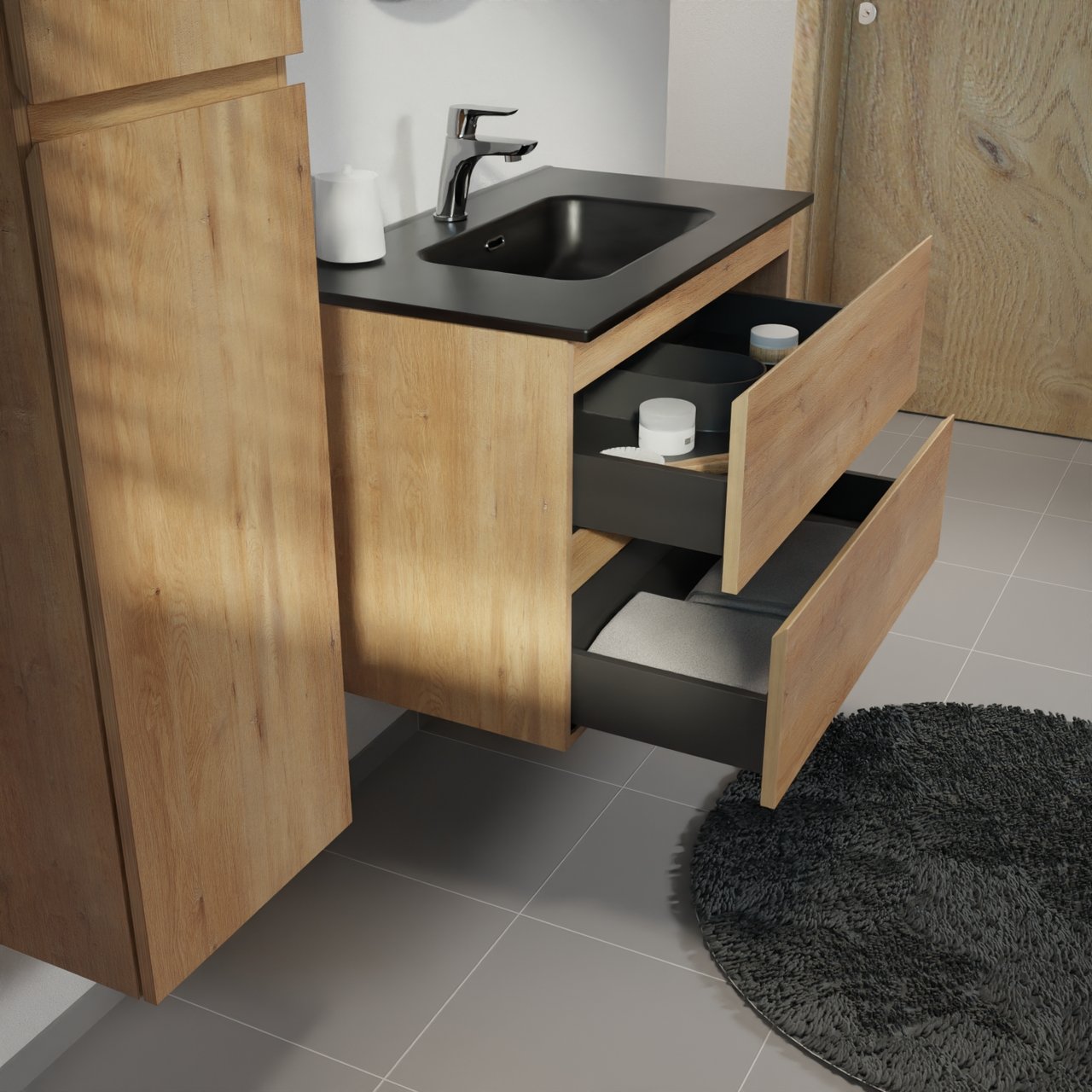 Linie Lado meuble salle de bains suspendu 80 x 46 cm chêne naturel avec Baro plan simple en porcelaine noir mat