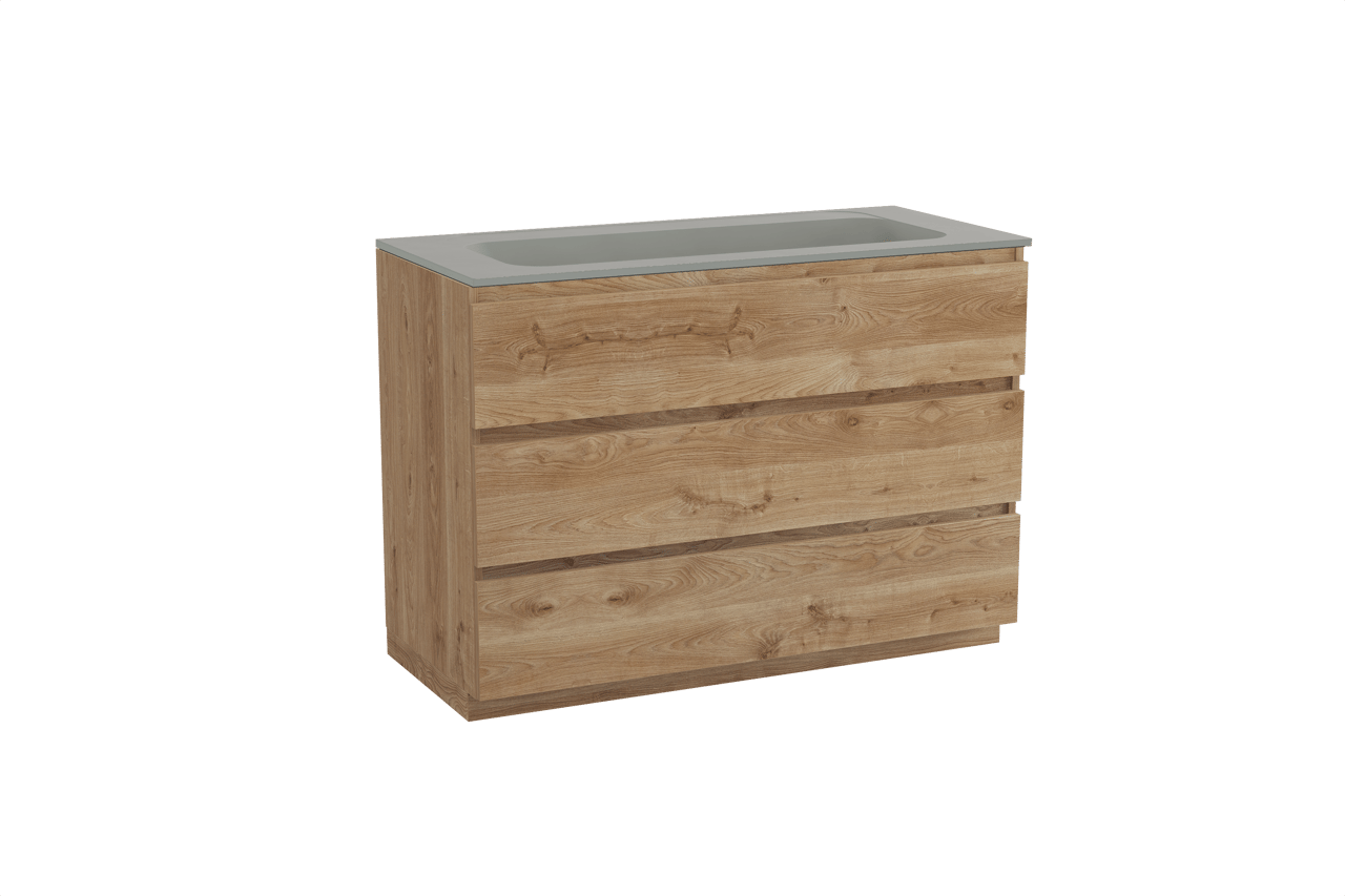 Balmani Lucida freistehendes Möbelstück Set: 120 x 55 cm, Rohe Eiche, mit Tablo Strada Einzelwaschtisch für 2 Armaturenlöcher, Marmorkomposit Seidengrau