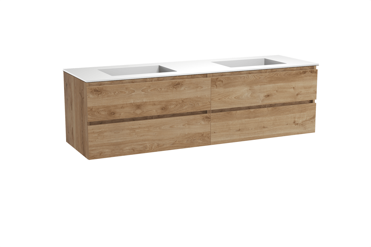 Balmani Lucida meuble salle de bains suspendu 180 x 55 cm chêne brut avec Tablo Stretto double vasque en solid surface blanc mat