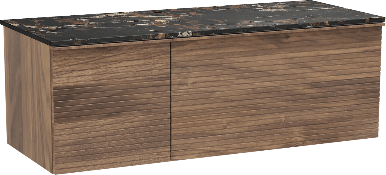 Balmani Forma zwevend badkamermeubel 135 x 55 cm amerikaanse notelaar met Stretto enkel of dubbel tablet in marmer portoro gold, Horizontale symmetrische rechte ribbel