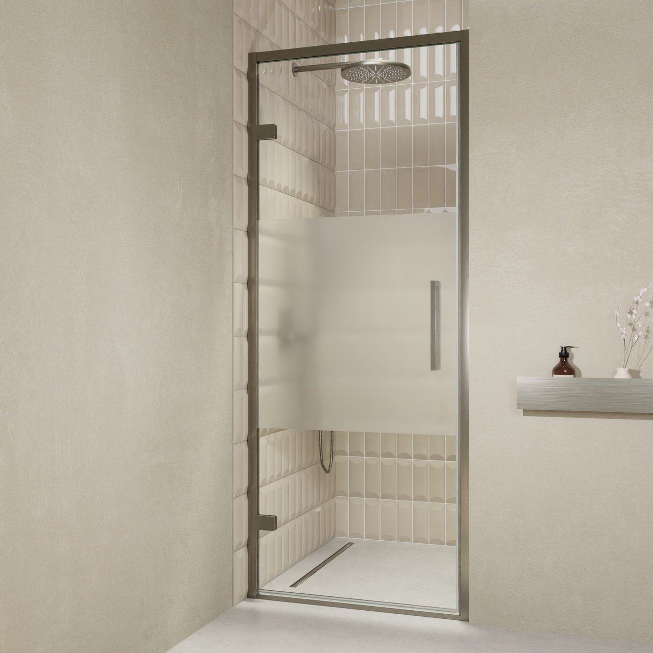 Balmani Senses Design Dusche Drehtür, Links, 90 cm x 210 cm, Klarglas mit mattiertem Streifen, Profil Brushed GunMetal