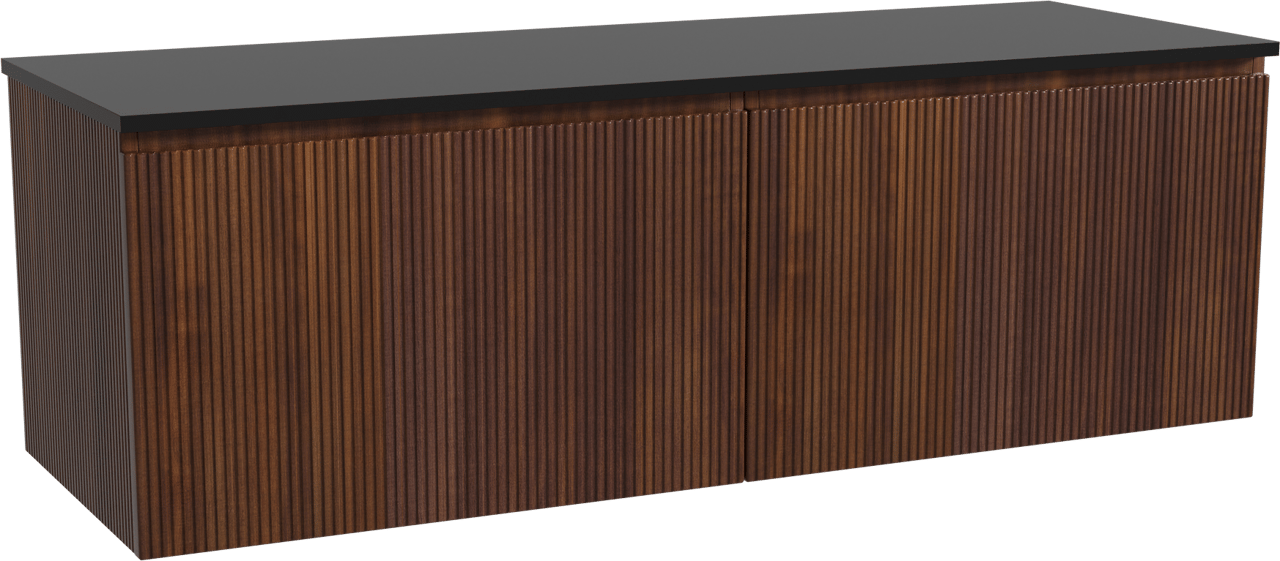 Storke Ribs zwevend badmeubel 150 x 52 cm notenhout met Panton enkel of dubbel wastafelblad in gepoedercoate mdf mat zwart, Verticale symmetrische rechte ribbel