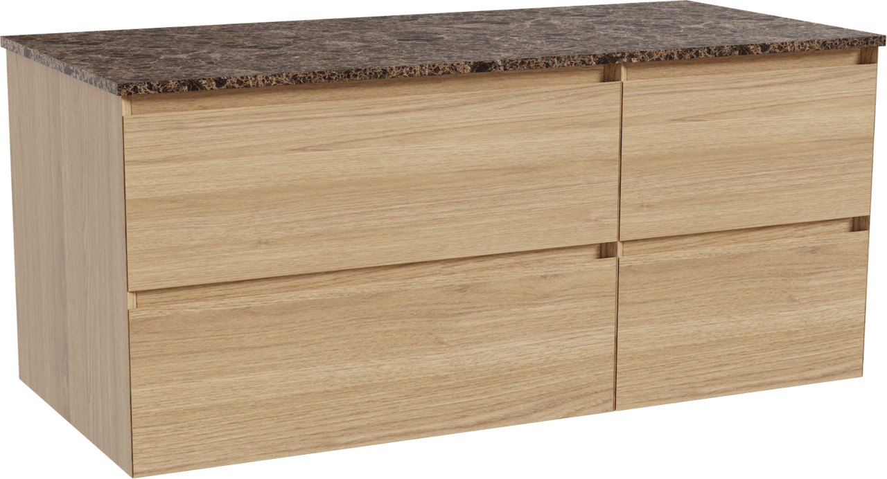 Balmani Mitra hängendes Möbelstück Set: 120 x 55 cm, Naturbelassene Eiche, mit Stretto Einzel- oder Doppel Waschtischplatte, Marmor Dark Emperador