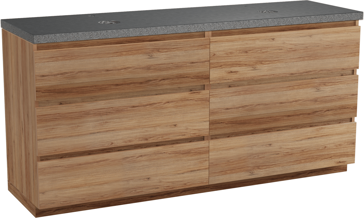 Balmani Lucida freistehendes Möbelstück Set: 180 x 55 cm, Teak, mit Rock Doppel Waschtischplatte, Schwarzes Granit