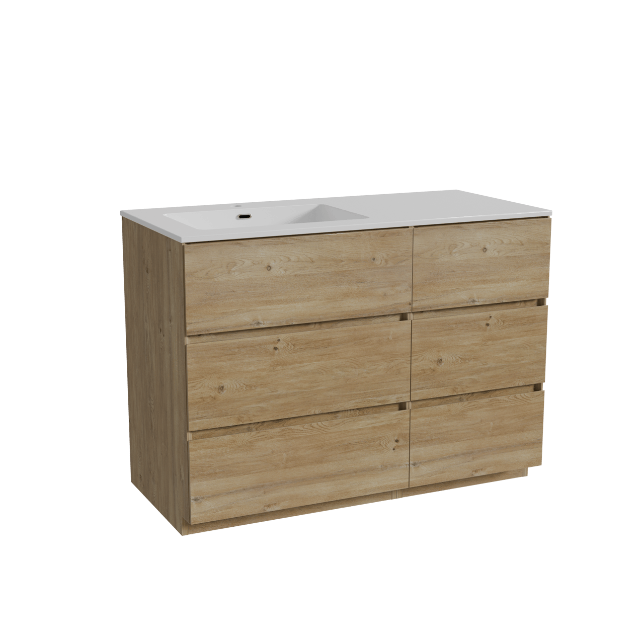 Storke Edge freistehendes Möbelstück Set: 110 x 52 cm, Rohe Eiche, mit Diva Waschtisch links, Marmorkomposit Weiß glänzend