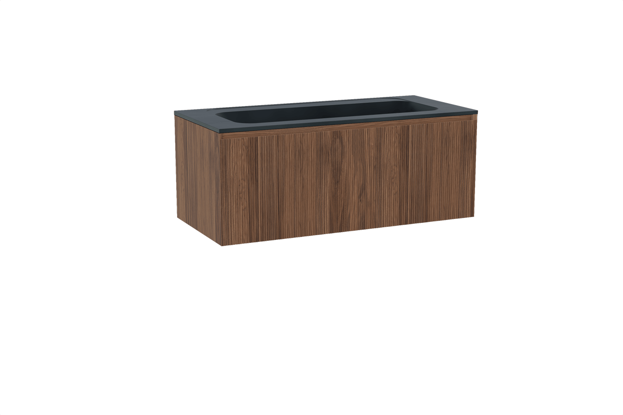 Balmani Fila hängendes Möbelstück Set: 120 x 55 cm, Nussbaum, mit Tablo Strada Einzelwaschtisch für 2 Armaturenlöcher, Marmorkomposit, Schwarz matt, Vertikale symmetrische gerade Rippe