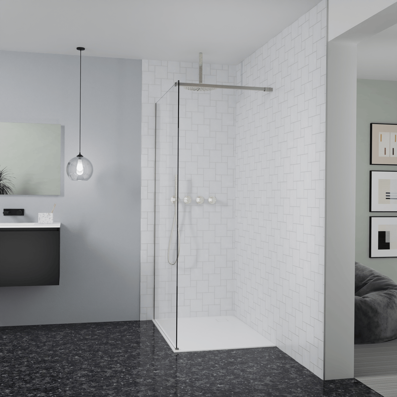 Balmani Modular Walk-In Dusche: 110 x 200 cm, Klarglas, inklusive Coating, Profil Brushed CoolMetal