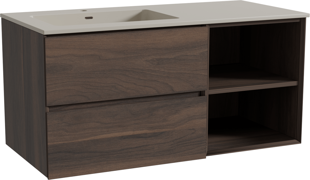 Storke Edge zwevend badkamermeubel 110 x 52 cm notelaar met Diva asymmetrisch linkse wastafel in top solid zijdegrijs