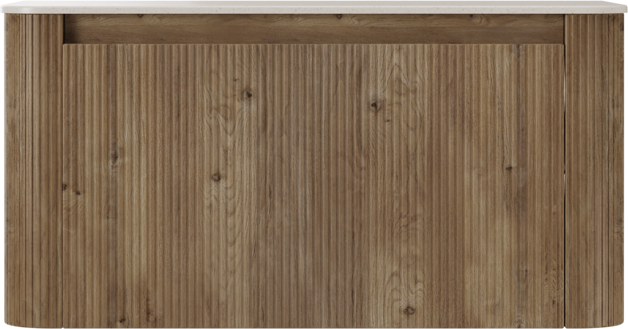 Storke Soft zwevend badkamermeubel 100 x 46 cm ruwe eik met Tavola Soft enkele tablet in solid surface beige granita, Verticale symmetrische rechte ribbel