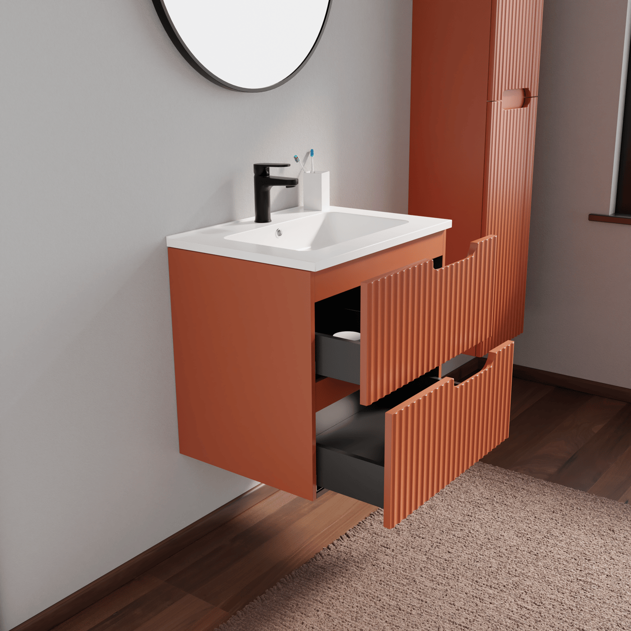 Linie Ribbo meuble salle de bains suspendu 60 x 46 cm cotto avec Vano plan simple en marbre composite blanc brillant, Nervure circulaire symétrique verticale