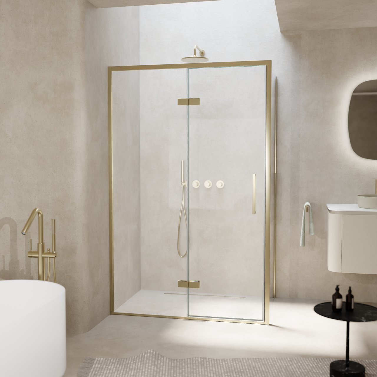 Balmani Senses Design Eckdusche: Drehtür (Links) mit fixierte Seitenwand, 120 x 70 cm, Klarglas, Profil Brushed Champagner Gold