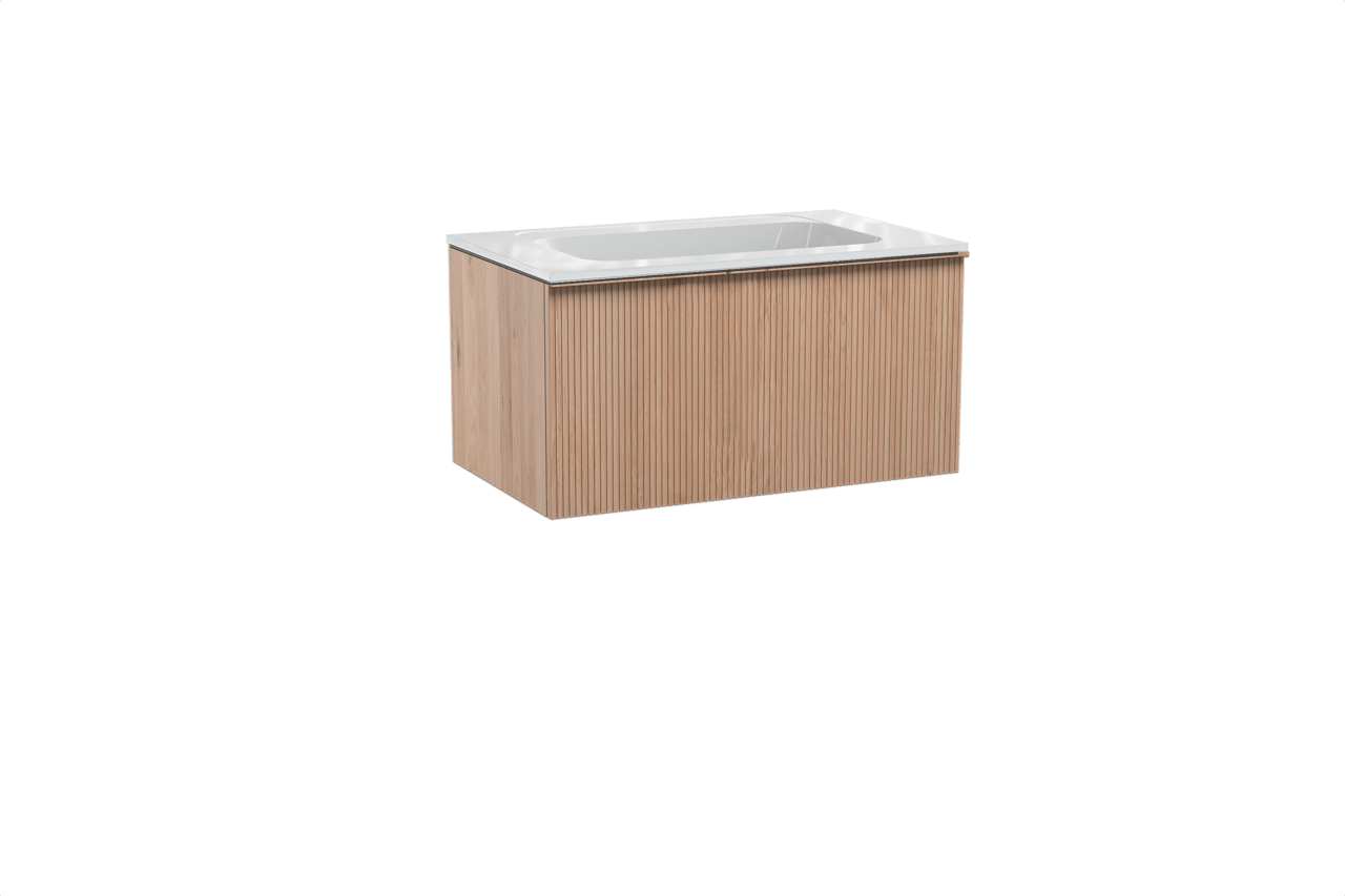 Balmani Forma hängendes Möbelstück Set: 90 x 55 cm, Naturbelassene Eiche, mit Tablo Strada Einzelwaschtisch, Marmorkomposit, Weiß glänzend, Vertikale symmetrische gerade Rippe