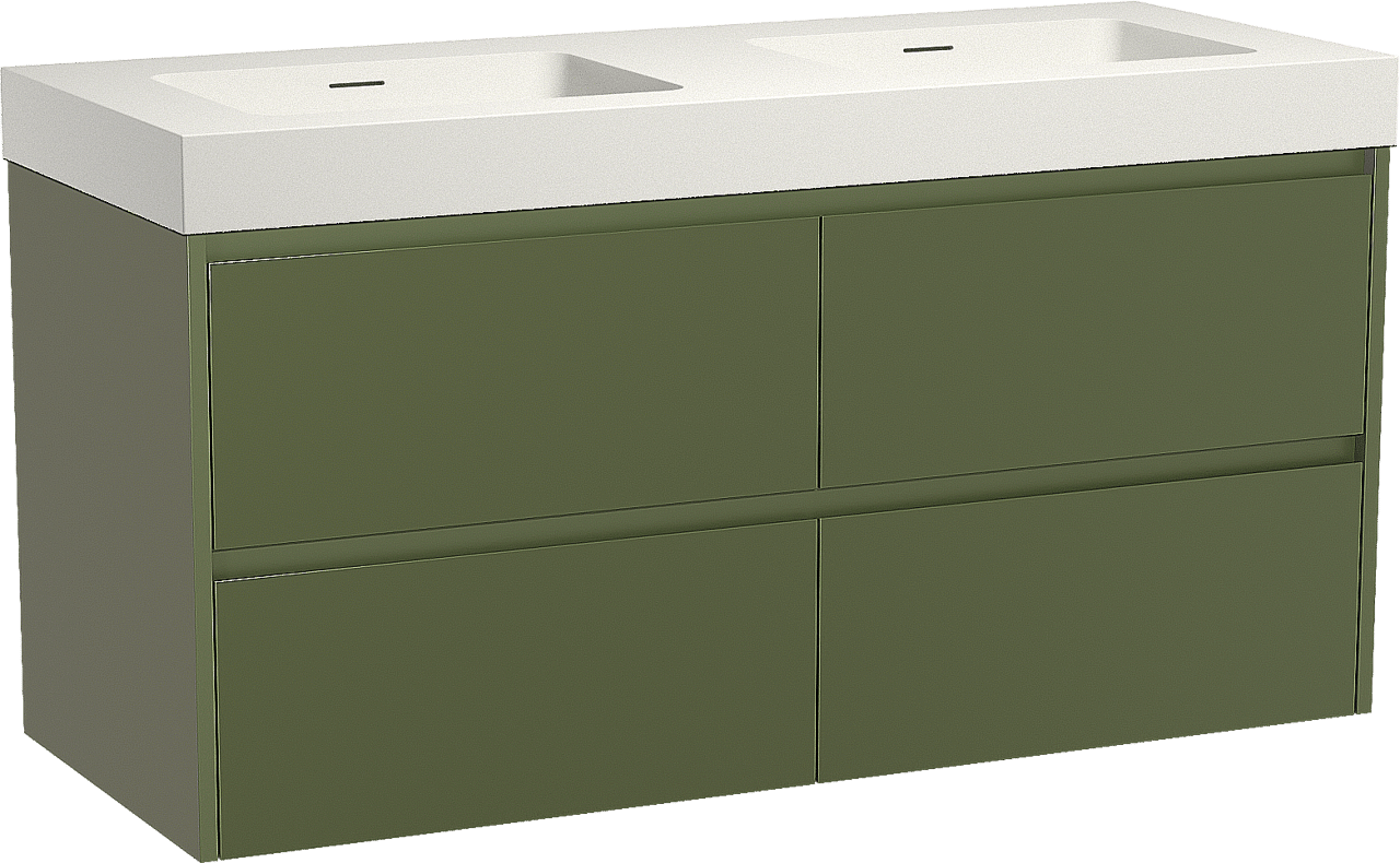 Storke Seda meuble salle de bains suspendu 130 x 52 cm vert olive avec Mata High double vasque en solid surface blanc mat