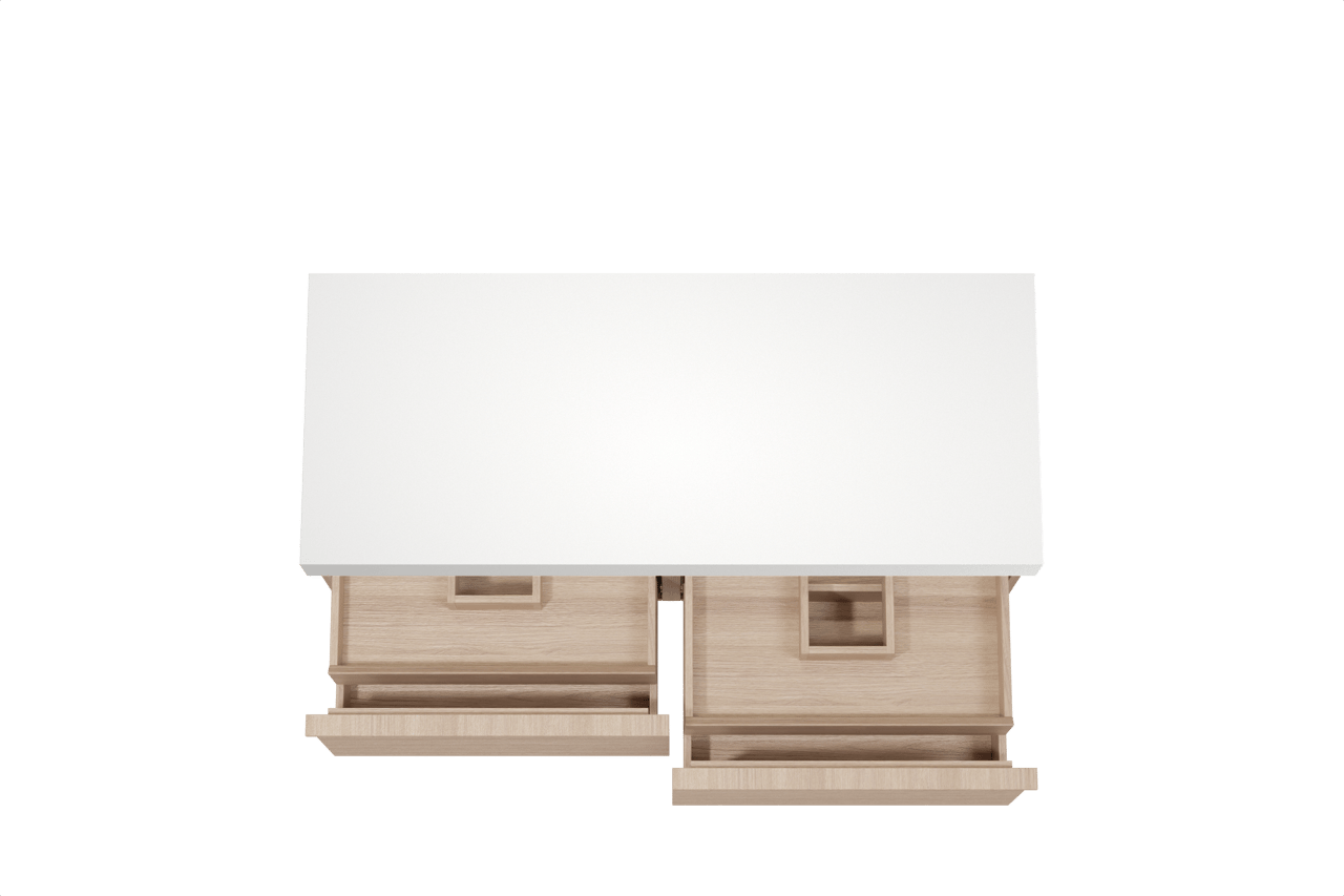 Balmani Forma zwevend badkamermeubel 135 x 55 cm natuur eik met Dominus enkel of dubbel tablet in solid surface mat wit, Horizontale symmetrische rechte ribbel